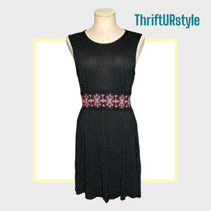 FREE PEOPLE Black Polka‎ Dot Dress with Embroidered  Sleeveless Small
